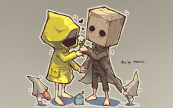 Rule 34 | 1boy, 1girl, artist name, bag, barefoot, blush, brown coat, brown pants, brown shirt, character request, coat, commentary request, flower, food, giving, grey background, hat, heart, highres, holding, holding flower, holding food, hood, hood up, jacket, little nightmares (series), little nightmares ii, long sleeves, melailai, mono (little nightmares), outline, pants, paper bag, raincoat, sausage, shirt, shirt tucked in, simple background, six (little nightmares), standing, white flower, white outline