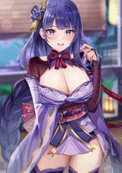 Rule 34 | 1girl, blurry, blurry background, blush, braid, breasts, bridal gauntlets, cleavage, cowboy shot, eric (tianqijiang), genshin impact, hand up, highres, japanese clothes, kimono, large breasts, long hair, looking at viewer, low-braided long hair, low-tied long hair, mole, mole under eye, nail polish, obiage, obijime, open mouth, outdoors, purple eyes, purple hair, purple kimono, purple nails, raiden shogun, rope, sash, shimenawa, shrug (clothing), sidelocks, single braid, smile, solo, standing, thighhighs, thighs, very long hair, vision (genshin impact), wide sleeves