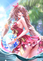 Rule 34 | 1girl, absurdres, ass, ball, beachball, blue eyes, blue gemstone, blue sky, bracelet, breasts, crab, drill hair, fate/grand order, fate (series), gem, highres, holding, holding ball, holding beachball, jewelry, large breasts, light brown hair, long hair, marie antoinette (fate), marie antoinette (fate/grand order), marie antoinette (swimsuit caster) (fate), medium breasts, one-piece swimsuit, open mouth, orange gemstone, palm tree, partially submerged, pink one-piece swimsuit, shell hair ornament, sideboob, signature, sky, solo, starfish hair ornament, swimsuit, totomiya, tree, wading, water