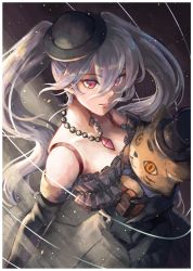 Rule 34 | 1girl, absurdres, black gloves, black hat, breasts, cleavage, collarbone, detached sleeves, dress, floating hair, gloves, granblue fantasy, grey dress, grey sleeves, hair between eyes, hat, highres, holding, holding stuffed toy, jewelry, long hair, long sleeves, necklace, orchis, red eyes, runemill, silver hair, sleeveless, sleeveless dress, small breasts, solo, strapless, strapless dress, stuffed animal, stuffed toy, twintails, very long hair
