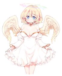 Rule 34 | 1girl, angel, angel wings, bare shoulders, blue eyes, breasts, choker, cleavage, closed mouth, cropped legs, curtsey, detached sleeves, dress, frfr, halo, highres, large breasts, looking at viewer, original, pointy ears, short hair, simple background, skirt hold, smile, solo, strapless, strapless dress, white background, wings