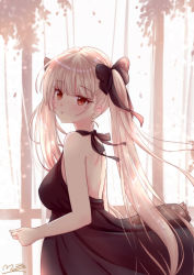 Rule 34 | 1girl, azur lane, backless dress, backless outfit, bare arms, bare shoulders, black dress, black ribbon, blunt bangs, blush, breasts, clenched hand, cocktail dress, commentary request, dress, eyebrows, formidable (azur lane), frilled dress, frills, from side, hair ribbon, head tilt, large breasts, long hair, looking at viewer, m ko (maxft2), outdoors, platinum blonde hair, pout, red eyes, ribbon, sidelocks, signature, simple background, solo, tree, twintails, very long hair