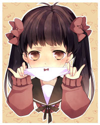 Rule 34 | 1girl, blush, bow, bow panties, brown eyes, brown hair, covering own mouth, hair bow, holding, holding clothes, holding panties, holding underwear, mata, original, panties, pinky out, school uniform, serafuku, solo, sweater, twintails, underwear