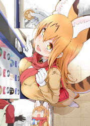Rule 34 | 10s, 2girls, aged up, alternate breast size, alternate costume, alternate hair length, alternate hairstyle, animal ear fluff, animal ears, backpack, bag, black gloves, blonde hair, blush, breast press, breasts, coat, elbow gloves, gloves, hair between eyes, hayashi (l8poushou), highres, inconvenient breasts, japari coin, kaban (kemono friends), kemono friends, large breasts, long hair, multiple girls, open mouth, outdoors, red shirt, round teeth, scarf, serval (kemono friends), serval print, serval tail, shirt, standing, striped tail, tail, teeth, upper teeth only, vending machine, white gloves, white legwear, winter clothes, winter coat, yellow eyes
