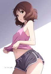 Rule 34 | 1girl, bare arms, breasts, brown eyes, brown hair, camisole, camisole lift, clothes lift, commentary request, dated, dolphin shorts, drawstring, gekijouban hibike! euphonium, grey background, grey shorts, hibike! euphonium, highres, lifted by self, long hair, looking at viewer, navel, nii manabu, oumae kumiko, parted lips, pink camisole, short hair, short shorts, shorts, signature, small breasts, solo, standing, stomach, thighs, two-tone background, white background