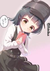 Rule 34 | 1girl, arare (kancolle), arare kai ni (kancolle), black hair, brown eyes, commentary request, cowboy shot, dress, gift, grey background, hands on own chest, hat, highres, kantai collection, long sleeves, metadio, one-hour drawing challenge, pinafore dress, shirt, short hair, sleeveless, sleeveless dress, solo, translation request, twitter username, white shirt