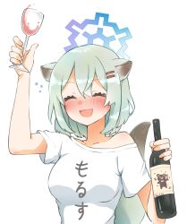 Rule 34 | 1girl, alcohol, alternate costume, animal ears, blue archive, blush, bottle, breasts, closed eyes, clothes writing, cup, drinking glass, drunk, green hair, hair between eyes, hair ornament, hairclip, halo, highres, holding, holding bottle, holding cup, medium breasts, off shoulder, open mouth, shigure (blue archive), shirt, short hair, short sleeves, simple background, solo, squeans, tail, unot 227, upper body, white background, white shirt, wine, wine bottle, wine glass