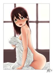 Rule 34 | 1girl, absurdres, bed, bed sheet, blush, breasts, brown hair, covering with blanket, from side, gertrud barkhorn, highres, indoors, looking at viewer, looking to the side, medium breasts, medium hair, naked sheet, nude, on bed, open mouth, satukiookami, shiny skin, sitting, solo, strike witches, teeth, tongue, upper teeth only, window, world witches series, yellow eyes
