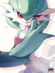Rule 34 | 1girl, artist name, bob cut, closed mouth, colored skin, copyright name, creatures (company), drop shadow, english text, fang, fang out, female focus, game freak, gardevoir, gen 3 pokemon, gen 5 pokemon, green hair, green skin, hair between eyes, half-closed eye, hand on own face, hand up, happy, heart, highres, looking to the side, multicolored skin, nintendo, pokemon, pokemon (creature), pokemon unite, red eyes, short hair, signature, simple background, smile, solo, standing, suahh, tongue, tongue out, transformed zoroark, twitter username, two-tone skin, uneven eyes, white background, white skin, zoroark