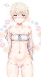 Rule 34 | 10s, 1girl, 2017, artist name, bad id, bad twitter id, bandeau, blue eyes, blush, breasts, cowboy shot, dated, embarrassed, gluteal fold, groin, highres, kantai collection, looking at viewer, lowleg, lowleg panties, panties, sakiryo kanna, short hair, signature, silver hair, small breasts, solo, thighs, translation request, underwear, underwear only, undressing, wavy mouth, white panties, z1 leberecht maass (kancolle)