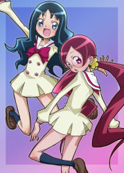 Rule 34 | 2girls, black socks, blue background, blue eyes, blue hair, bow, bowtie, brown footwear, buttons, collared dress, commentary request, dress, eyelashes, feet out of frame, flower, from behind, glasses, gradient background, hair flower, hair ornament, hanasaki tsubomi, heartcatch precure!, hirokawa kouichirou, knee blush, kneehighs, knees, kurumi erika, leg up, light blush, long hair, looking at viewer, looking back, low twintails, multiple girls, myoudou gakuen middle school uniform, official style, open mouth, outstretched arms, parody, pink background, pink bow, pink bowtie, pink eyes, pink hair, pleated skirt, precure, puffy sleeves, round eyewear, sailor collar, school uniform, shoes, short dress, simple background, skirt, socks, style parody, twintails, uwabaki, very long hair, wavy hair, white sailor collar, yellow dress, yellow flower, yellow sleeves