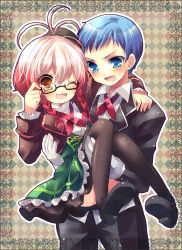 Rule 34 | 1boy, 1girl, :3, :o, ahoge, alternate costume, bad id, bad pixiv id, black thighhighs, blue eyes, blue hair, blush, braid, brown eyes, carrying, chain, couple, cropped jacket, dress, formal, glasses, gloves, hand on shoulder, happy, hetero, hubert ozwell, kosuzume, multicolored hair, necktie, official alternate costume, one eye closed, open mouth, pants, pascal (tales), princess carry, red hair, shoes, suit, sweat, tales of (series), tales of graces, thighhighs, two-tone hair, white gloves, white hair, wink