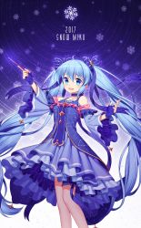 Rule 34 | 1girl, 2017, ahoge, arm up, blue dress, blue eyes, blue gloves, blue hair, blue ribbon, character name, constellation print, dress, frilled dress, frills, gloves, hair between eyes, hair ribbon, hand up, hatsune miku, highres, jenevan, leo (constellation), long hair, looking at viewer, open mouth, ribbon, sidelocks, sky, smile, snowflakes, solo, standing, star (sky), starry sky, starry sky print, striped ribbon, taurus (constellation), very long hair, vocaloid, yuki miku