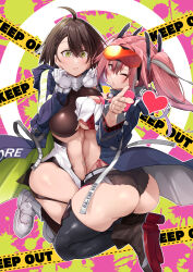 Rule 34 | 2girls, absurdres, ahoge, ankle boots, ass, azur lane, baltimore (azur lane), bikini, black footwear, black shorts, black thighhighs, blue coat, blush, boots, braid, breasts, bremerton (azur lane), brown hair, caution tape, cleavage, clothes writing, clothing cutout, coat, commentary request, cover, cover page, covered erect nipples, crop top, cutoffs, dress, eyewear on head, french braid, gloves, grey hair, grin, hair between eyes, hair intakes, hair ornament, hands up, heart, high heel boots, high heels, highleg, highleg bikini, highres, hood, hood down, hooded coat, keep out, large breasts, lifebuoy ornament, long hair, long sleeves, looking at viewer, micro shorts, mole, mole under eye, multicolored coat, multicolored hair, multiple girls, navel, navel piercing, one eye closed, oriue wato, parted lips, pelvic curtain, piercing, pink bikini, pink eyes, pink hair, red-tinted eyewear, rudder footwear, shirt, short hair, shorts, side-tie bikini bottom, sidelocks, skindentation, smile, stomach, stomach cutout, streaked hair, swimsuit, teeth, thighhighs, tinted eyewear, twintails, two-tone hair, underboob cutout, white dress, white gloves, white shirt, yellow eyes