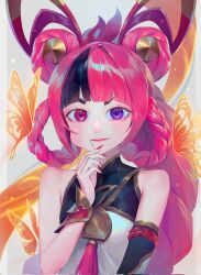 Rule 34 | 1girl, bare shoulders, black hair, blush, braid, bug, butterfly, character request, double bun, hair bun, hand up, heterochromia, highres, insect, league of legends, long hair, multicolored hair, pink eyes, pink hair, pink nails, purple eyes, shiny clothes, smile, solo, syami (choiimi), twin braids, twintails, two-tone hair, upper body, zoe (league of legends)
