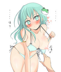 Rule 34 | 1girl, armlet, assisted exposure, bikini, bikini pull, blush, breast slip, breasts, cleavage, clothes pull, deego (omochi bazooka), female focus, frog, frog hair ornament, front-tie top, green eyes, green hair, hair ornament, kochiya sanae, large breasts, nipples, one breast out, pulling another&#039;s clothes, shiny skin, side-tie bikini bottom, solo focus, swimsuit, touhou