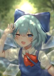 Rule 34 | 1girl, :d, absurdres, backlighting, blue bow, blue dress, blue hair, blurry, blurry background, blush, bow, bowtie, cirno, depth of field, dress, hair between eyes, hand up, highres, ice, ice wings, light particles, looking at viewer, one eye closed, open mouth, pinafore dress, puffy short sleeves, puffy sleeves, red bow, red bowtie, short sleeves, sleeveless dress, slepp, smile, soft focus, solo, touhou, upper body, wing collar, wings