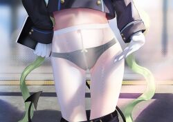 Rule 34 | 1girl, black jacket, black panties, black shorts, black tail, blue archive, bow, bow panties, buttons, clothes pull, crotch seam, double-breasted, gloves, green hair, nozomi (blue archive), highres, holding, jacket, long hair, long sleeves, navel, panties, panties under pantyhose, pantyhose, rancidronin, see-through, shorts, shorts pull, solo, twintails, underwear, very long hair, white gloves, white pantyhose