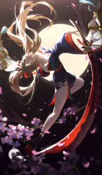 Rule 34 | 1girl, absurdres, backflip, breasts, brown hair, cleavage, floating hair, flower, from behind, fs (21338833), high ponytail, highres, japanese clothes, leg up, light, long hair, moon, nail polish, night, official alternate costume, onmyoji, parted bangs, red eyes, red nails, sandals, side slit, smile, solo, sword, thigh strap, very long hair, weapon, wind, youtouhime