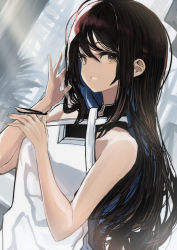 Rule 34 | 1girl, bare arms, bare shoulders, black hair, brown eyes, commentary request, hair between eyes, hair tie, hands up, highres, hinomaru (futagun), holding, long hair, looking at viewer, original, shirt, solo, very long hair, white shirt