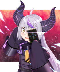 Rule 34 | 1girl, :d, ahoge, bad id, bad pixiv id, black horns, braid, braided bangs, card, collar, demon girl, demon horns, fangs, hatsuitsumo, highres, holding, holding card, hololive, horns, huge horns, la+ darknesss, la+ darknesss (1st costume), long hair, looking at viewer, open mouth, pointy ears, purple hair, purple horns, shadowverse, silver hair, sleeves past fingers, sleeves past wrists, smile, solo, striped horns, v-shaped eyebrows, very long hair, virtual youtuber, yellow eyes