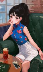 Rule 34 | 1girl, black eyes, black hair, blouse, cup, drinking glass, ekao, floral print, hand on own chin, highres, looking to the side, mahjong table, original, red lips, shirt, shirt tucked in, sitting, sleeveless, sleeveless shirt, solo, table