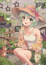 Rule 34 | 1girl, absurdres, animal ears, blush, bracelet, cactus, daisy, ears through headwear, english text, fence, flower, flower bed, flower request, garden, green eyes, green hair, hat, hat ribbon, highres, holding, holding flower, horse ears, horse girl, horse tail, jacket, jewelry, lantern, off shoulder, open mouth, outdoors, plant, potted plant, rabbit, ribbon, road sign, seiun sky (umamusume), shoes, short hair, shorts, sign, smile, sneakers, solo, squatting, star (symbol), stone floor, straw hat, tail, tank top, umamusume, vines, wheel, yuki (user tjvn3757)