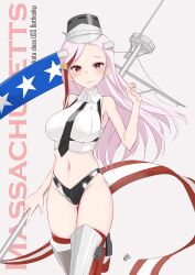 Rule 34 | 1girl, american flag, black necktie, black panties, breasts, character name, cowboy shot, flagpole, highres, holding, holding pole, kantai collection, large breasts, long hair, looking at viewer, massachusetts (kancolle), multicolored hair, navel, necktie, neve (morris-minicooper), panties, pink hair, pole, red eyes, red hair, shirt, sleeveless, sleeveless shirt, solo, star (symbol), streaked hair, underwear, white shirt