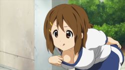 Rule 34 | 1girl, alternate breast size, anime screenshot, breasts, brown eyes, brown hair, chetrippo, cleavage, clothes grab, downblouse, female focus, grabbing, hair ornament, hairclip, hanging breasts, highres, hirasawa yui, k-on!, large breasts, leaning forward, presenting, school, shirt, short hair, smile, solo, sports uniform, thick thighs, thighs, third-party edit, tongue, tongue out, uniform, white shirt