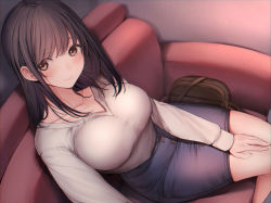 Rule 34 | 1girl, amane ruri, bag, black hair, blue skirt, blush, breasts, brown bag, brown eyes, buttons, closed mouth, collarbone, commentary request, couch, eyes visible through hair, fisheye, grey shirt, hand on own leg, handbag, indoors, large breasts, long hair, long sleeves, looking at viewer, on couch, original, shirt, shirt tucked in, sitting, skirt, solo, straight hair, tareme, taut clothes, taut shirt