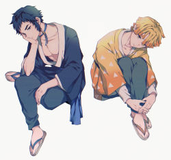 Rule 34 | 2boys, agatsuma zenitsu, amata (pixiv25705097), black kimono, blonde hair, choker, closed mouth, collarbone, colored tips, crossed ankles, flip-flops, frown, full body, gradient clothes, grey pants, hand on own cheek, hand on own face, hand on own leg, hand up, head rest, head tilt, highres, invisible chair, japanese clothes, jewelry, kaigaku, kimetsu no yaiba, kimono, knees up, long sleeves, looking at viewer, magatama, male focus, multicolored hair, multiple boys, orange hair, outstretched arms, own hands together, pants, pectorals, pendant, sandals, sash, short hair, simple background, sitting, streaked hair, triangle print, white background, yellow eyes, yellow kimono, zouri