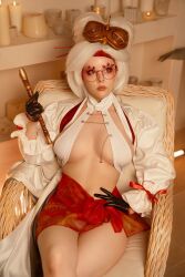 Rule 34 | 1girl, breasts, cleavage cutout, clothing cutout, cosplay, glasses, helly von valentine (disharmonica), highres, looking at viewer, medium breasts, nintendo, photo (medium), purah, purah (cosplay), solo, the legend of zelda, the legend of zelda: tears of the kingdom, white hair