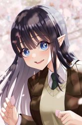 Rule 34 | 1girl, absurdres, black hair, blue eyes, blush, brown jacket, brown vest, cherry blossoms, collared shirt, green necktie, hands up, highres, holding, holding petal, huge filesize, jacket, kim nag-seo, long hair, long sleeves, looking at viewer, necktie, open mouth, original, petals, pointy ears, shirt, smile, solo, teeth, uniform, upper teeth only, vest
