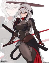 Rule 34 | 1girl, absurdres, arm guards, armor, armored bodysuit, belt, bodysuit, breasts, brown belt, brown bodysuit, brown eyes, commentary, dagger, dated, english commentary, feet out of frame, goddess of victory: nikke, grey hair, hair between eyes, halo, highres, japanese armor, katana, knife, long hair, looking at viewer, medium breasts, official alternate costume, parted lips, reverse grip, scabbard, scarlet (black shadow) (nikke), scarlet (nikke), sheath, shoulder armor, signature, simple background, sivarkart, solo, standing, sword, unsheathed, watermark, weapon, web address, white background, zoom layer