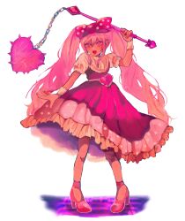 Rule 34 | 1girl, arm up, bow, dark-skinned female, dark skin, flail, full body, hair bow, high heels, highres, holding flail, long hair, ma e zo, omori, open mouth, pink bow, pink eyes, pink footwear, pink hair, polka dot, polka dot bow, puffy short sleeves, puffy sleeves, short sleeves, simple background, solo, sweetheart (omori), twintails, weapon, white background