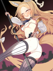 Rule 34 | 1girl, @ @, absurdres, animal ears, ascot, ass, bare shoulders, bikini, blonde hair, blue archive, blue ascot, blush, breasts, bridal gauntlets, commentary request, covered erect nipples, detached sleeves, forehead, fox ears, fox girl, fox tail, halo, highres, kawa mura, long sleeves, looking at viewer, nose blush, open mouth, orange eyes, seia (blue archive), small breasts, solo, striped clothes, striped thighhighs, sweat, swimsuit, tail, thighhighs, vertical-striped clothes, vertical-striped thighhighs, white bikini, white thighhighs, yellow halo