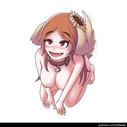 Rule 34 | 1girl, all fours, animal ears, blush, breasts, brown hair, collar, dog ears, dog tail, feet, ink (inksgirls), kneeling, league of legends, leona (league of legends), long hair, nipples, nude, open mouth, orange eyes, saliva, simple background, sitting, tail