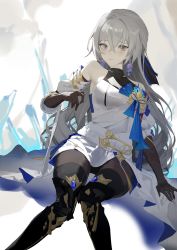 Rule 34 | 1girl, absurdres, arm at side, bare shoulders, black gloves, black pantyhose, blush, breasts, bronya rand, closed mouth, commentary request, detached sleeves, dress, earrings, feet out of frame, gem, gloves, gold, grey eyes, grey hair, hair between eyes, hair ornament, hand up, highres, honkai: star rail, honkai (series), jewelry, long hair, looking at viewer, pantyhose, small breasts, solo, thighhighs, turtleneck, white dress, yukizawa xueze