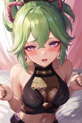 Rule 34 | 1girl, bare arms, bare shoulders, blush, breasts, commentary, crop top, curtains, eyeshadow, genshin impact, green hair, highres, kuki shinobu, leonmandala, looking at viewer, makeup, medium breasts, midriff, navel, open mouth, ponytail, purple eyes, short hair, solo, stomach, stomach tattoo, tattoo, upper body