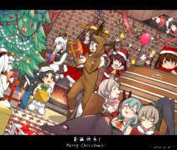 Rule 34 | &gt; &lt;, 10s, 6+girls, :d, > <, absurdres, abyssal ship, animal costume, aqua hair, ascot, bad id, bad pixiv id, balloon, black hair, box, breasts, brown eyes, brown hair, carrying, ceiling, christmas, christmas tree, christmas tree hair ornament, cleavage, closed eyes, colored skin, copyright name, couch, curly hair, destroyer water oni, double bun, dress, fairy (kancolle), female admiral (kancolle), fire, fireplace, gift, gift box, hair bun, hair ornament, hairband, hat, highres, horns, hug, hug from behind, kantai collection, kawakaze (kancolle), kongou (kancolle), kuma (kancolle), kumano (kancolle), letterboxed, long hair, lying, maru-yu (kancolle), mittens, multiple girls, navel, northern ocean princess, open mouth, orange eyes, peeking out, pola (kancolle), ponytail, pt imp group, red hair, reindeer costume, ryuujou (kancolle), santa costume, santa hat, sendai (kancolle), shikigami, sleeping, smile, suzuya (kancolle), two side up, white dress, white hair, white skin, wulazula, xd