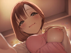 Rule 34 | 1girl, black eyes, blurry, blurry foreground, blush, breasts, brown hair, depth of field, hand on own chest, indoors, long sleeves, looking at viewer, medium breasts, mole, mole under mouth, naughty face, nipples, no bra, one breast out, original, outstretched arm, pokachu, smile, solo