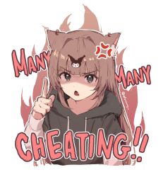 Rule 34 | 1girl, absurdres, anger vein, blunt bangs, brown hair, character hair ornament, commentary, d:, english commentary, english text, enoki (vtuber), enoki (vtuber) (old design), fang, grey eyes, grey hoodie, hair ornament, highres, hood, hoodie, index finger raised, indie virtual youtuber, kuromi, layered sleeves, long sleeves, making-of available, onegai my melody, open mouth, sanrio, shaded face, short over long sleeves, short sleeves, sidelocks, simple background, solo, tofumang, upper body, v-shaped eyebrows, virtual youtuber, white background