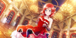 Rule 34 | 1girl, artist request, bare shoulders, blush, candle, ceiling, chandelier, collarbone, curtains, dress, earrings, elbow gloves, flower, flower earrings, formal, frills, gloves, highres, indoors, jewelry, lace, lace-trimmed dress, lace trim, lamp, light, lights, looking at viewer, love live!, love live! school idol festival all stars, love live! school idol project, necklace, night, nishikino maki, official art, purple eyes, raised eyebrows, red dress, red hair, rose, short hair, sleeveless, sleeveless dress, smile, solo, window