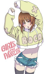 Rule 34 | 1girl, absurdres, alternate costume, arms up, black thighhighs, blush, brown eyes, brown hair, copyright name, cowboy shot, cropped hoodie, dutch angle, frilled shorts, frills, girls und panzer, highres, hood, hoodie, looking at viewer, medium hair, midriff, navel, nishizumi miho, open mouth, shorts, sleeves past wrists, solo, teeth, thighhighs, thighs, upper teeth only, white background, yamashita shun&#039;ya, yellow hoodie