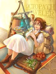 Rule 34 | 1girl, animal, bag, blush, book, brown hair, dress, green eyes, hair over one eye, hat, jewelry, long hair, looking at viewer, necklace, octopath traveler, octopath traveler i, open mouth, regan (hatsumi), short hair, simple background, smile, sword, tressa (octopath traveler), weapon