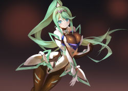 Rule 34 | 1girl, armor, bad id, bad pixiv id, bodystocking, breasts, chinese commentary, cleavage, closed mouth, commentary, commentary request, earrings, faulds, gauntlets, green eyes, green hair, headband, high ponytail, jewelry, large breasts, long hair, looking at viewer, nintendo, pantyhose, partial commentary, pneuma (xenoblade), ponytail, see-through, sidelocks, simple background, smile, solo, spoilers, standing, very long hair, xenoblade chronicles (series), xenoblade chronicles 2, yostxxx