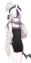 Rule 34 | 1girl, bare shoulders, black bow, black collar, black dress, black hair, black horns, blue archive, bow, cardigan, collar, demon horns, demon wings, dress, ear piercing, earrings, gradient hair, grey hair, grey halo, hair between eyes, hair bow, halo, highres, horns, jewelry, kayoko (blue archive), kayoko (dress) (blue archive), long hair, long sleeves, looking at viewer, low wings, mole, mole on neck, mos (m gespannt), multicolored hair, off shoulder, open cardigan, open clothes, piercing, red eyes, short dress, side slit, simple background, single wing, sleeves past wrists, solo, twitter username, white background, white cardigan, white hair, wings