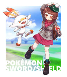 Rule 34 | 1girl, :d, absurdres, arm up, backpack, bag, blush, bob cut, boots, brown bag, brown eyes, brown footwear, brown hair, buttons, cable knit, cardigan, collared dress, commentary request, copyright name, creatures (company), dress, game freak, gen 8 pokemon, gloria (pokemon), green headwear, green socks, grey cardigan, hand on headwear, hat, highres, holding, holding poke ball, hooded cardigan, knees, nintendo, open mouth, pink dress, plaid socks, poke ball, poke ball (basic), pokemon, pokemon (creature), pokemon swsh, scorbunny, short hair, smile, socks, takku (caribbean1729), tam o&#039; shanter