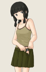 Rule 34 | 1girl, black hair, blunt bangs, braid, breasts, camisole, chagamaka, collarbone, cowboy shot, dressing, green camisole, green skirt, grey background, grey panties, highres, kantai collection, kitakami (kancolle), long hair, panties, sidelocks, simple background, skirt, small breasts, solo, underwear