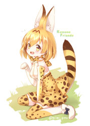 Rule 34 | 10s, 1girl, :d, animal ears, cat ears, cat tail, commentary request, copyright name, kemono friends, light brown hair, looking at viewer, mimi (mimi puru), open mouth, paw pose, serval (kemono friends), serval print, serval tail, short hair, sitting, smile, solo, tail, thighhighs, wariza, yellow eyes, zettai ryouiki